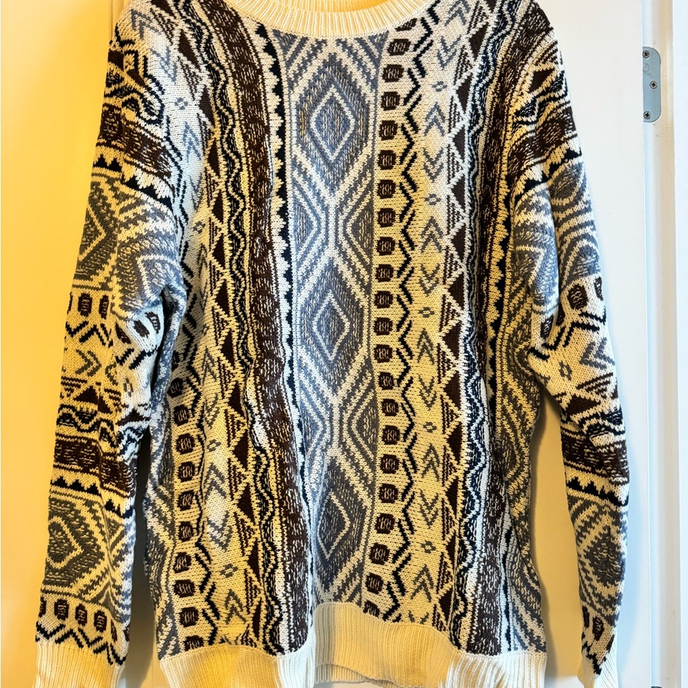 Tribal Pattern Crewneck Sweater - Black, White, Brown
